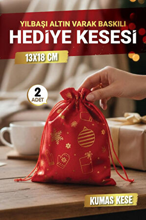 Yılbaşı Altın Varak Baskılı Hediye Kesesi Hediye Torbası 2 adet 13x18 cm Yılbaşı Süsü-T1526