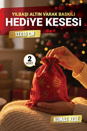 Yılbaşı Altın Varak Baskılı Hediye Kesesi Hediye Torbası 2 adet 13x18 cm Yılbaşı Süsü-T1526