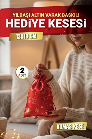 Yılbaşı Altın Varak Baskılı Hediye Kesesi Hediye Torbası 2 adet 13x18 cm Yılbaşı Süsü-T1526