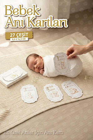 Bebek Anı Kartları Aylık Fotoğraf Çekim Kartları 27 adet Özel Tasarım Saklama Kutulu Bebek Hediyelik-T1527