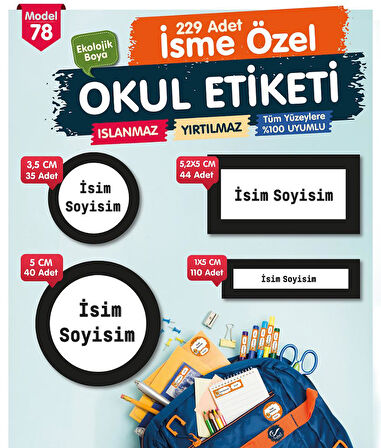 Okul Etiketi Kalem Defter Etiketi Özel İsim Yazılabilen Etiket Seti - İsim Etiketi-T523-OE78