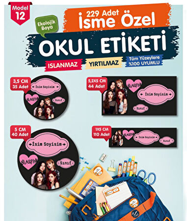 Okul Etiketi Black Pink Kalem Defter Etiketi Özel İsim Yazılabilen Etiket Seti - İsim Etiketi-T548-OE12