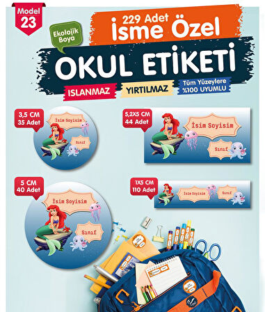 Okul Etiketi Deniz Kızı Ariel Kalem Defter Etiketi Özel İsim Yazılabilen Etiket Seti - İsim Etiketi-T555-OE23