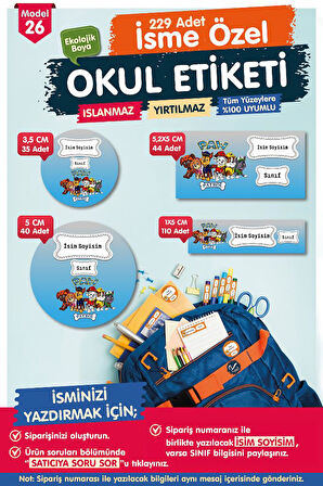 Okul Etiketi Paw Patrol Kalem Defter Etiketi Özel İsim Yazılabilen Etiket Seti - İsim Etiketi-T556-OE26