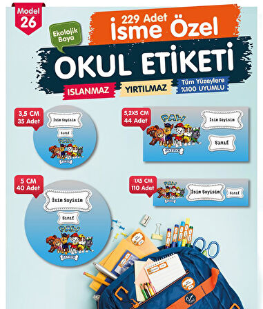 Okul Etiketi Paw Patrol Kalem Defter Etiketi Özel İsim Yazılabilen Etiket Seti - İsim Etiketi-T556-OE26