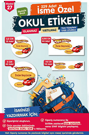 Okul Etiketi Hot Wheels Kalem Defter Etiketi Özel İsim Yazılabilen Etiket Seti - İsim Etiketi-T557-OE27