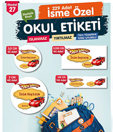 Okul Etiketi Hot Wheels Kalem Defter Etiketi Özel İsim Yazılabilen Etiket Seti - İsim Etiketi-T557-OE27