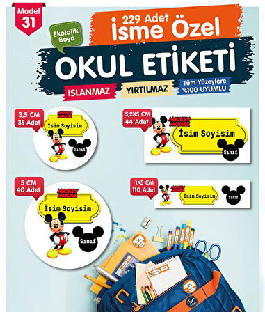 Okul Etiketi Mickey Mouse Kalem Defter Etiketi Özel İsim Yazılabilen Etiket Seti - İsim Etiketi-T560-OE31