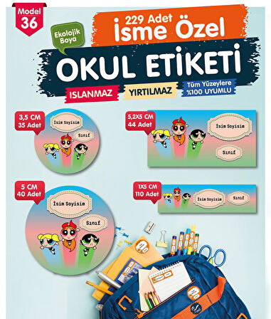 Okul Etiketi Power Puff Girls Kalem Defter Etiketi Özel İsim Yazılabilen Etiket Seti - İsim Etiketi-T564-OE36