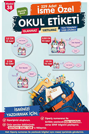 Okul Etiketi Unicorn Kalem Defter Etiketi Özel İsim Yazılabilen Etiket Seti - İsim Etiketi-T566-OE38