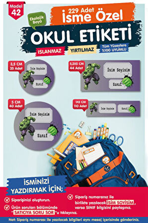 Okul Etiketi Hulk Kalem Defter Etiketi Özel İsim Yazılabilen Etiket Seti - İsim Etiketi-T570-OE42