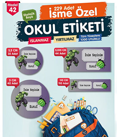 Okul Etiketi Hulk Kalem Defter Etiketi Özel İsim Yazılabilen Etiket Seti - İsim Etiketi-T570-OE42