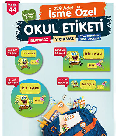 Okul Etiketi Sünger Bob Kalem Defter Etiketi Özel İsim Yazılabilen Etiket Seti - İsim Etiketi-T571-OE44