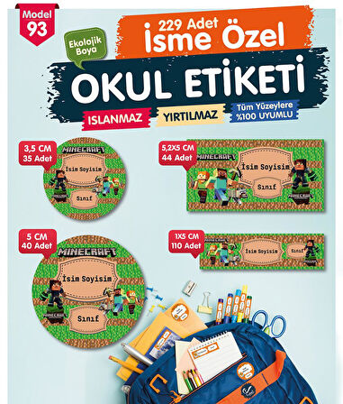 Okul Etiketi MineCraftKalem Defter Etiketi Özel İsim Yazılabilen Etiket Seti - İsim Etiketi-T577-OE93