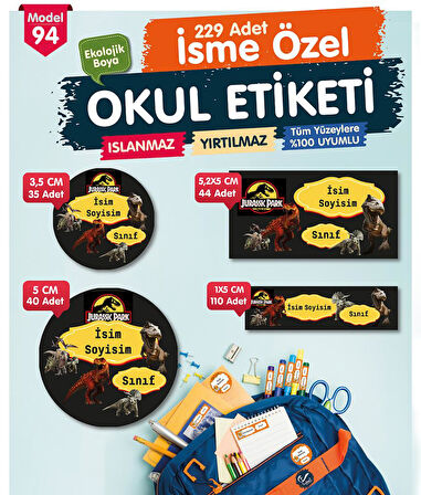 Okul Etiketi Jurassic Park Kalem Defter Etiketi Özel İsim Yazılabilen Etiket Seti - İsim Etiketi-T578-OE94