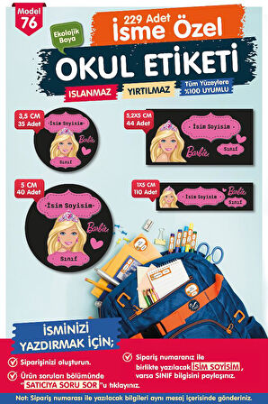 Okul Etiketi Barbie Kalem Defter Etiketi Özel İsim Yazılabilen Etiket Seti - İsim Etiketi-T579-OE76