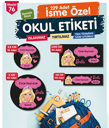 Okul Etiketi Barbie Kalem Defter Etiketi Özel İsim Yazılabilen Etiket Seti - İsim Etiketi-T579-OE76