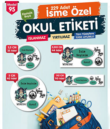 Okul Etiketi  Wednesday Kalem Defter Etiketi Özel İsim Yazılabilen Etiket Seti - İsim Etiketi-T580-OE95