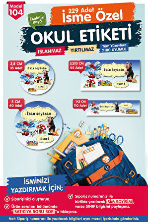 Okul Etiketi Şirinler Gargamel Kalem Defter Etiketi Özel İsim Yazılabilen Etiket Seti - İsim Etiketi-T586-OE104