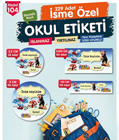 Okul Etiketi Şirinler Gargamel Kalem Defter Etiketi Özel İsim Yazılabilen Etiket Seti - İsim Etiketi-T586-OE104