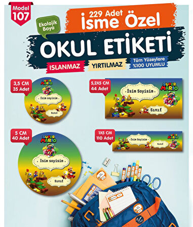 Okul Etiketi Süper Mario Kalem Defter Etiketi Özel İsim Yazılabilen Etiket Seti - İsim Etiketi-T588-OE107