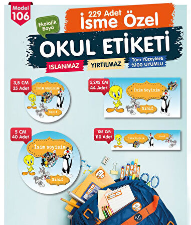 Okul Etiketi Twetty  Kalem Defter Etiketi Özel İsim Yazılabilen Etiket Seti - İsim Etiketi-T589-OE106