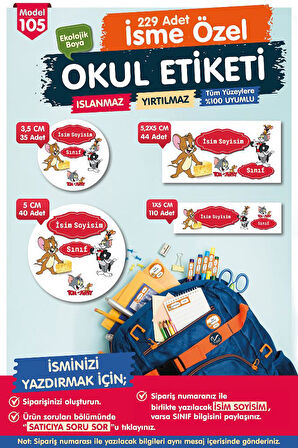 Okul Etiketi Tom Ve jerry  Kalem Defter Etiketi Özel İsim Yazılabilen Etiket Seti - İsim Etiketi-T590-OE105