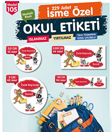 Okul Etiketi Tom Ve jerry  Kalem Defter Etiketi Özel İsim Yazılabilen Etiket Seti - İsim Etiketi-T590-OE105