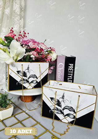 Zincirli Çiçek Taşıma Çantası - Karton Çiçek Buket Çikolata Gül Hediye Kutusu Çanta Desenli 10 adet -T897