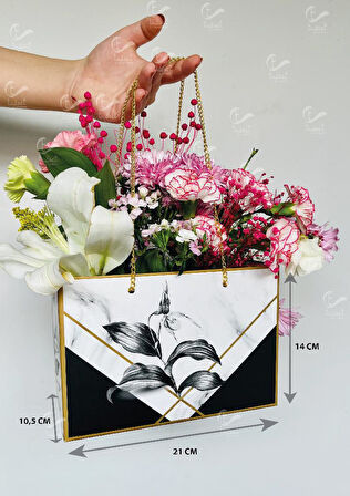 Zincirli Çiçek Taşıma Çantası - Karton Çiçek Buket Çikolata Gül Hediye Kutusu Çanta Desenli 10 adet -T897