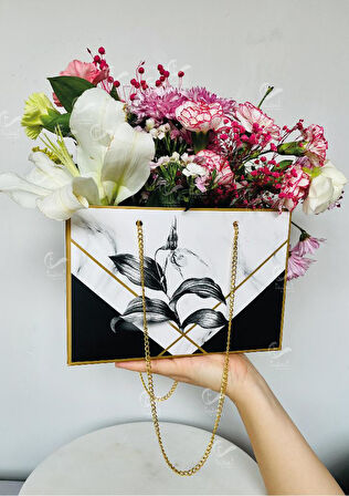 Zincirli Çiçek Taşıma Çantası - Karton Çiçek Buket Çikolata Gül Hediye Kutusu Çanta Desenli 10 adet -T897