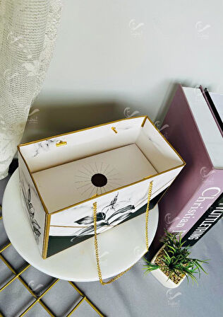 Zincirli Çiçek Taşıma Çantası - Karton Çiçek Buket Çikolata Gül Hediye Kutusu Çanta Desenli 10 adet -T897