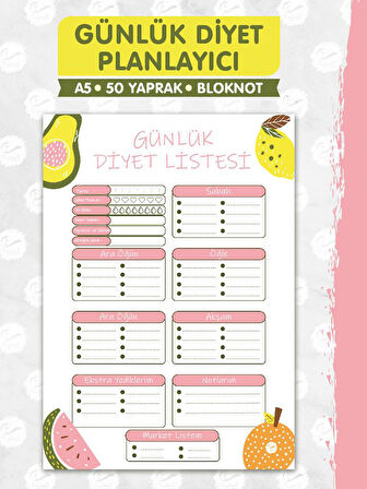 Günlük Diyet Planlayıcı Bloknot , Market Listesi , Planlayıcı Defter (A5 15X21) 50 Syf.  Planner-T965