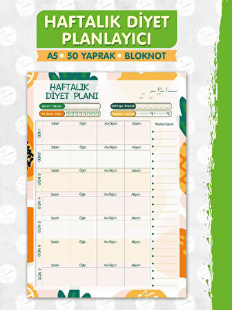 Haftalık Diyet Planlayıcı Bloknot , Market Listesi , Planlayıcı Defter (A5 15X21) 50 Syf.  Planner-T966