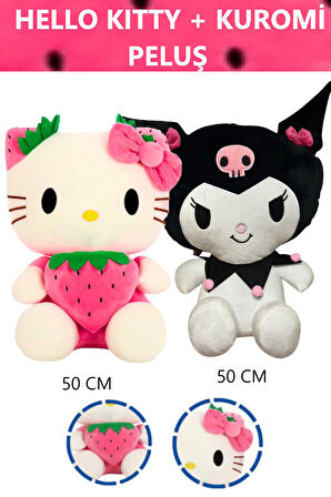 Kız Erkek Çocuk Eğlenceli Oyuncaklar Hellı Kıtty Oyuncak Fiyonklu 50Cm + Kuromi Peluş 50Cm İkili Fır