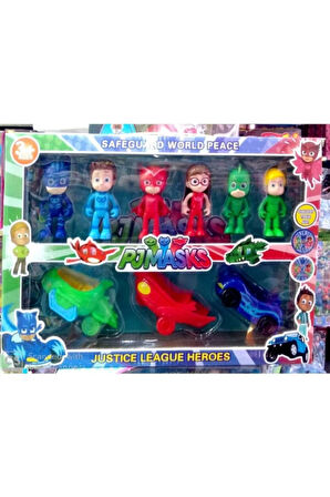 Kız Erkek Çocuk Eğlenceli Oyuncaklar Pj Masks Pijamaskeliler Oyuncak Arabalı 6 Figürlü Set - 9 Parça