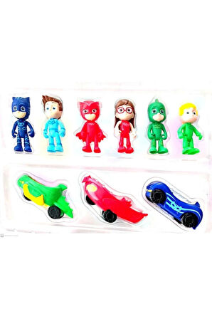 Kız Erkek Çocuk Eğlenceli Oyuncaklar Pj Masks Pijamaskeliler Oyuncak Arabalı 6 Figürlü Set - 9 Parça