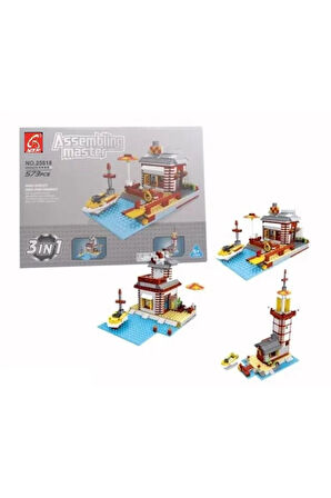 Kız Erkek Çocuk Oyuncak Ausini Assembling Master 573 Parça 3 in 1 İskele ve Deniz Feneri Kız Erkek Ç