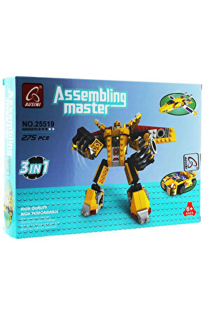 Kız Erkek Çocuk Oyuncak Ausini Assembling Master 3 in 1 273 Parça Sarı Dönüşen Robot Kız Erkek Çocuk