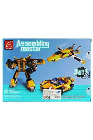 Kız Erkek Çocuk Oyuncak Ausini Assembling Master 3 in 1 273 Parça Sarı Dönüşen Robot Kız Erkek Çocuk