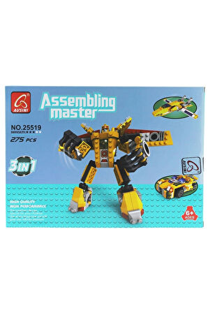 Kız Erkek Çocuk Oyuncak Ausini Assembling Master 3 in 1 273 Parça Sarı Dönüşen Robot Kız Erkek Çocuk