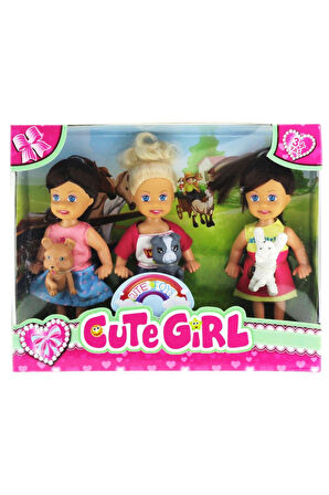 Cute Girl Mini Bebek ve Evcil Hayvan Üçlü Set Kız Erkek Çocuk Oyuncak Eğitici Oyuncaklar