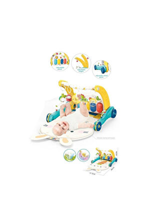 BIB6015 -Vardem Piyanolu 2 in 1 Bebek Yürüteci ve Tavşan Desenli Mavi Oyun Halısı Kız Erkek Çocuk Oy