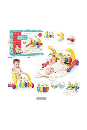 BIB6016- Vardem Piyanolu Bebek Yürüteci ve Tavşan Desenli Kırmızı Oyun Halısı 2 in 1 Kız Erkek Çocuk