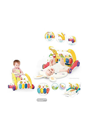 BIB6016- Vardem Piyanolu Bebek Yürüteci ve Tavşan Desenli Kırmızı Oyun Halısı 2 in 1 Kız Erkek Çocuk