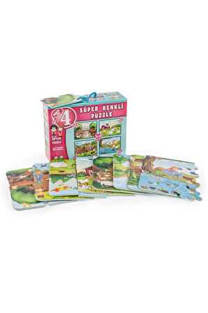 3222 DıyToy Süper Renkli 4'lü Puzzle - Çiftlik / 8+12+16+24 Parça Puzzle Kız Erkek Çocuk Oyuncak Eği
