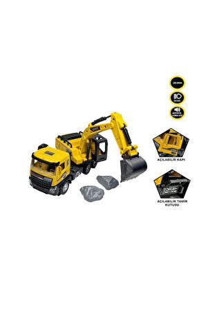 AA992-01AB Çek Bırak Işıklı ve Sesli 1:28 Kamyon Ekskavatör / Beton Mikseri Kız Erkek Çocuk Oyuncak