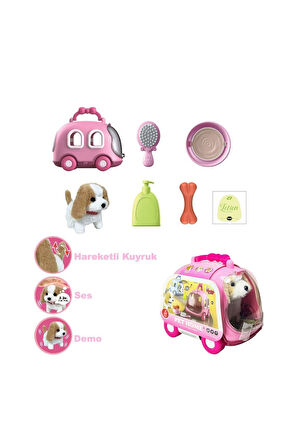 JND-6802 Taşıma Araba Çantalı Hareketli Pilli Köpek Set -Vardem Oyuncak Kız Erkek Çocuk Oyuncak Eğit