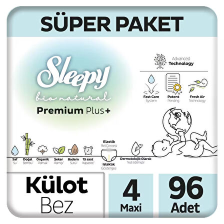 Sleepy Bio Natural Premium Plus Süper Paket Külot Bez 4 Numara Maxi 96 Adet