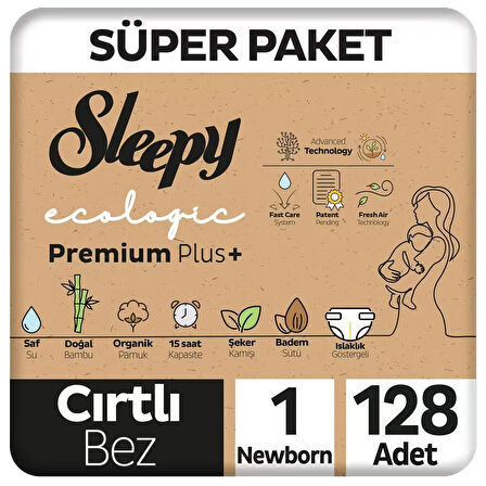Sleepy Ecologic Premium Plus Süper Paket Bebek Bezi 1 Numara Yenidoğan 128 Adet